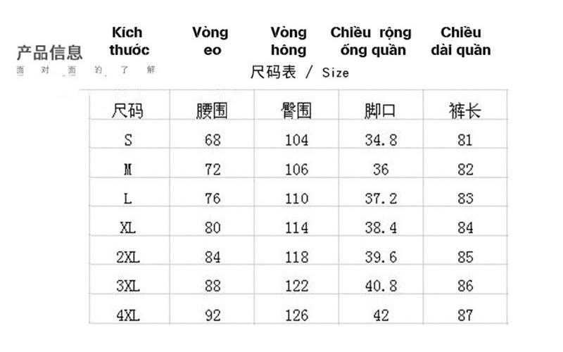 Cách dịch bảng size quần áo Trung Quốc